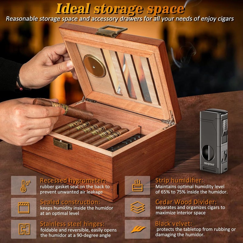 SEMKONT Cigar Humidor, Vintage Lock & Accessory Drawer Cedar Wood Humidor, Recessed Hygrometer Glass Top Desktop Cigar Box, with Humidifier, Cigar Lighter and Dropper,Hold 20-35 Cigars - Image 4